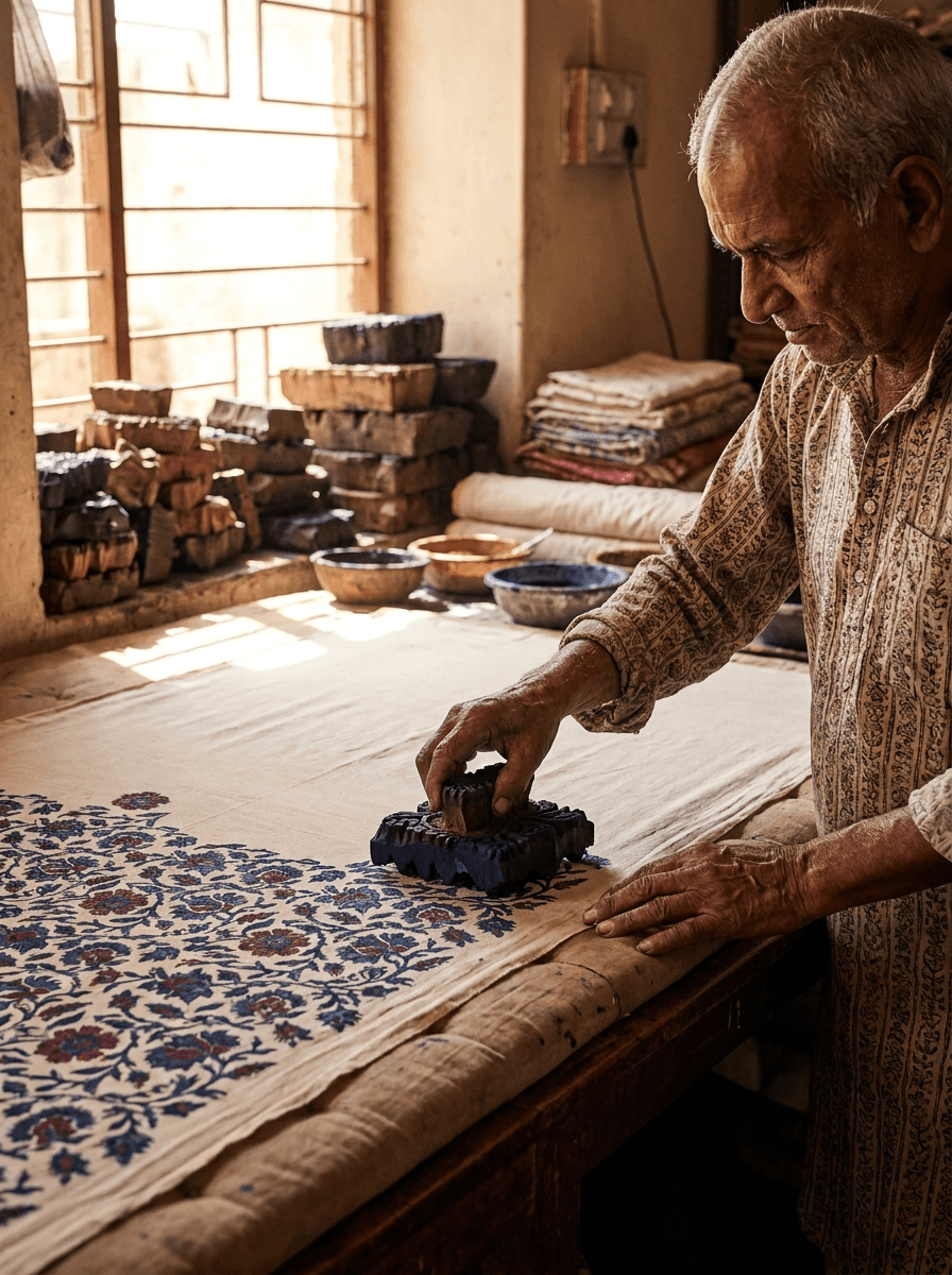 An artisan hand block-printing cotton in Jaipur