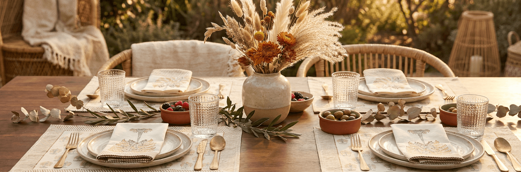 A block-printed table setting, styled outdoors at golden hour