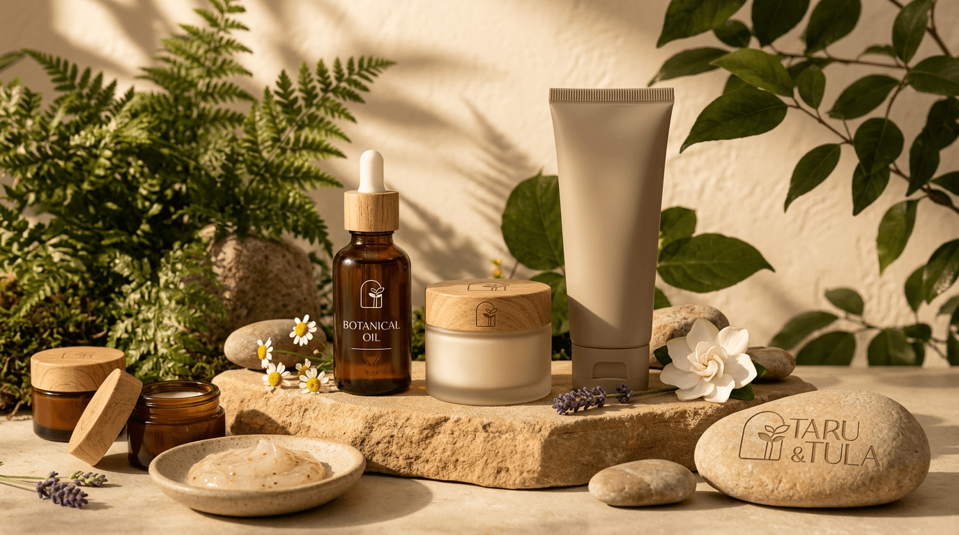 Botanical oils and candles, styled for the upcoming personal care line